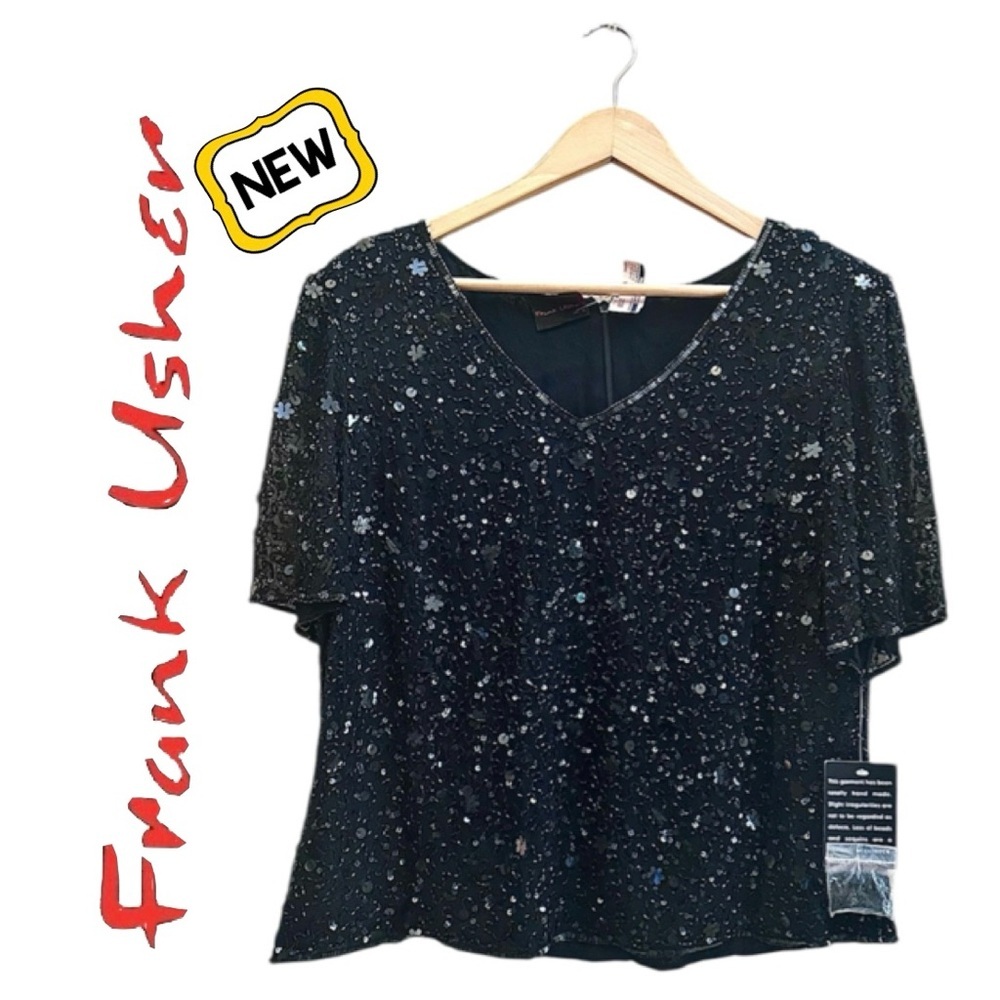 FRANK USHER Black Bead Sequin Top Short Sleeve Silk Cocktail Formal NWT Wmn 12
